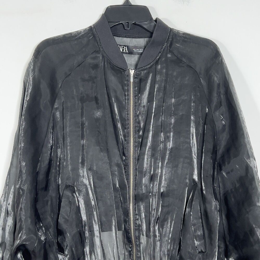 Zara Blouson Bomber Jacket Womens Sz L Black Mesh Sheer Long Sleeve Full Zip - Picture 2 of 8